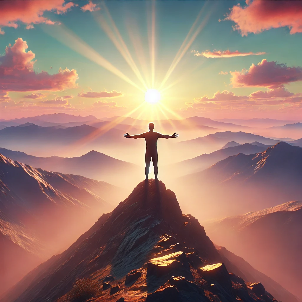 Personne debout sur un sommet de montagne au lever du soleil, bras ouverts, symbolisant la force intérieure et la résilience après une épreuve.