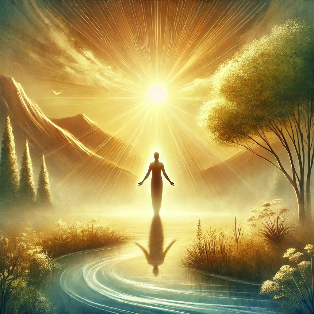 Personne en pleine nature, debout dans la lumière du soleil levant, symbolisant la transformation intérieure et la reconnexion à soi.