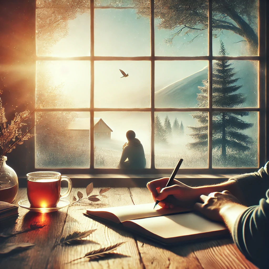 Personne assise près d’une fenêtre, écrivant dans un carnet, entourée d’une lumière naturelle douce. Une tasse de thé repose à côté, et à travers la fenêtre, un paysage paisible de montagnes et d’arbres est visible. L’image symbolise l’introspection et la découverte de soi par l’écriture.