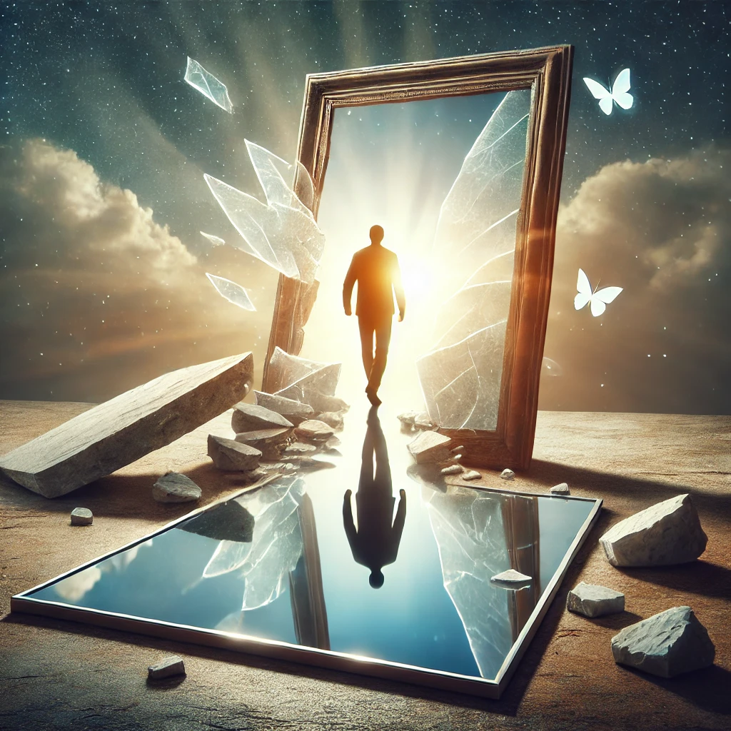 Une personne face à un miroir brisé, faisant un pas à travers celui-ci vers un espace lumineux et ouvert, symbolisant le dépassement des croyances limitantes et la transformation personnelle